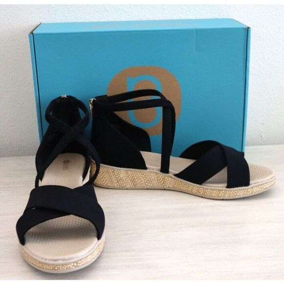 BZees I8760F1002 Women's Sz 10W Black Linen Bali Sand Wedge Strappy Sandals - Picture 3 of 11